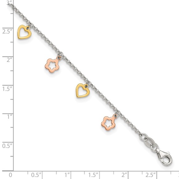 925 Sterling Silver Gold and Rose-tone Heart Charm Flower 9" + 1" ext. Anklet - Picture 4 of 7